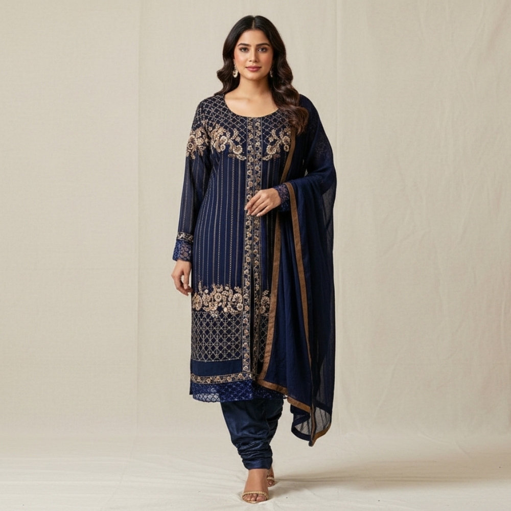 Indian Pakistani Women's 3-Piece Kameez Trouser Outfit - Midnight Blue - Picture 8 of 8